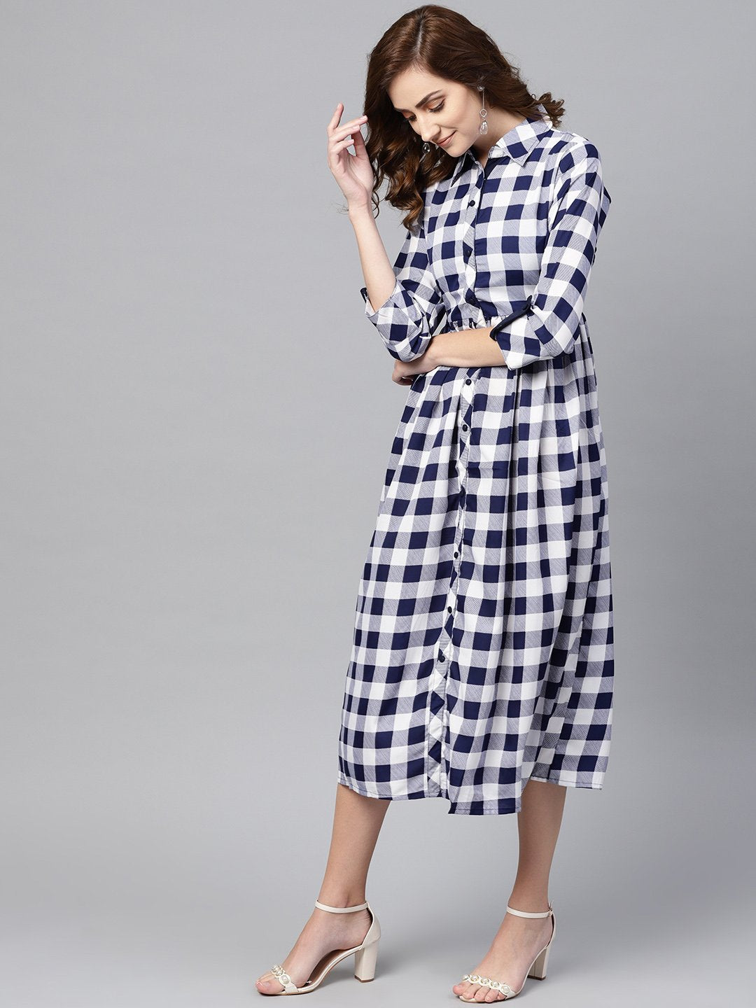 Women's Electric Blue Checked Shirt Collar Dress With Front Placket & Cuff