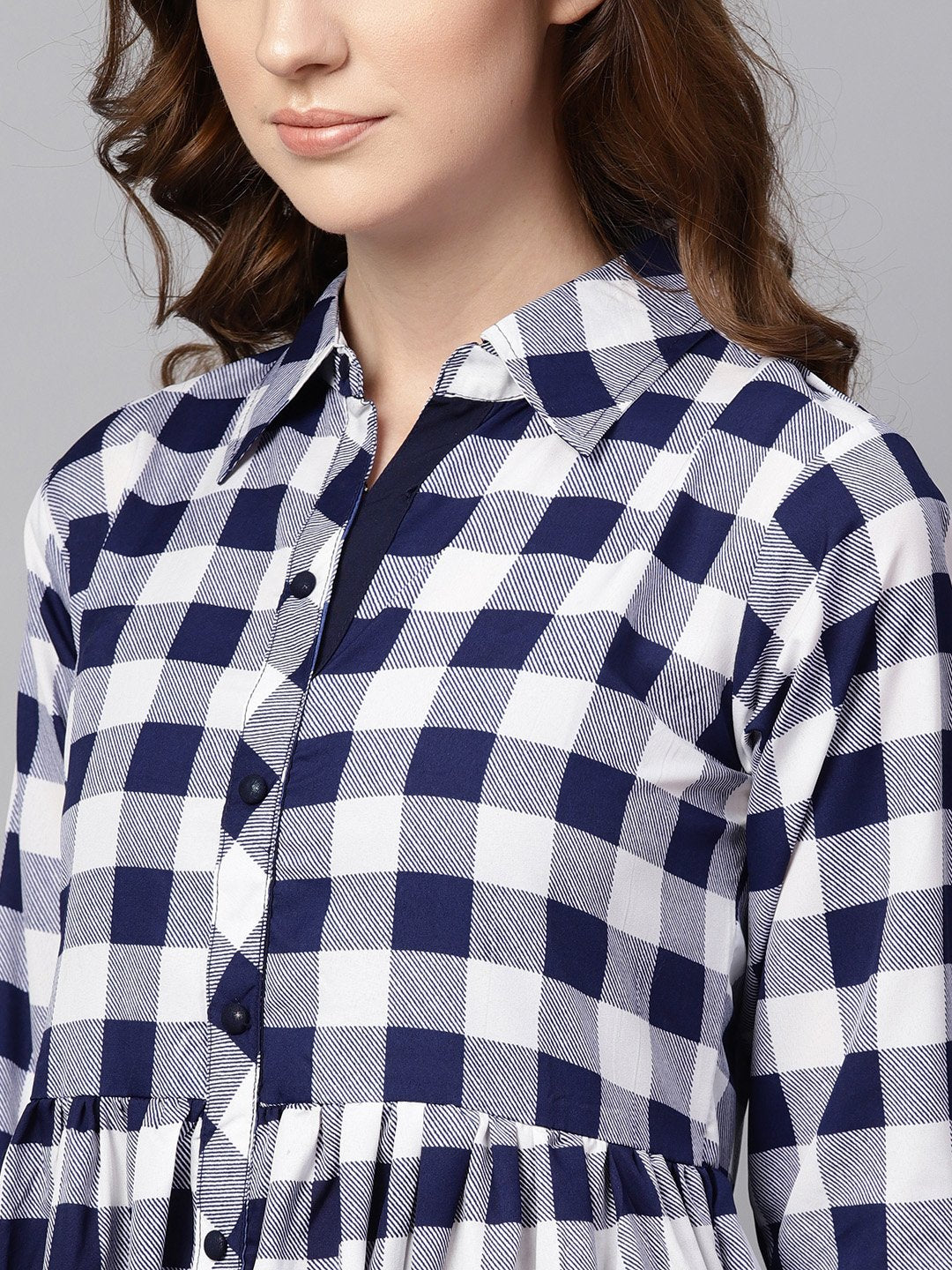 Women's Electric Blue Checked Shirt Collar Dress With Front Placket & Cuff