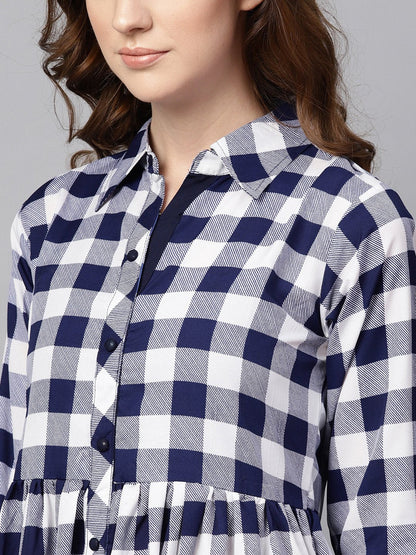 Women's Electric Blue Checked Shirt Collar Dress With Front Placket & Cuff