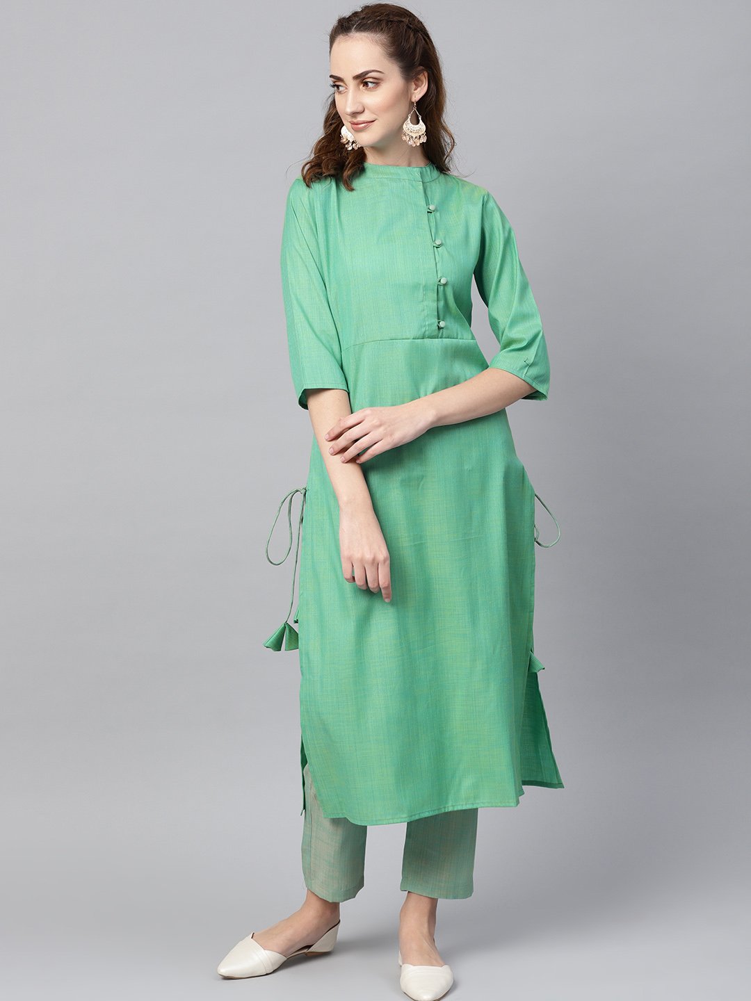 Women's Turquoise Green Straight 3/4Th Sleeve Cotton Kurta Set With Pants