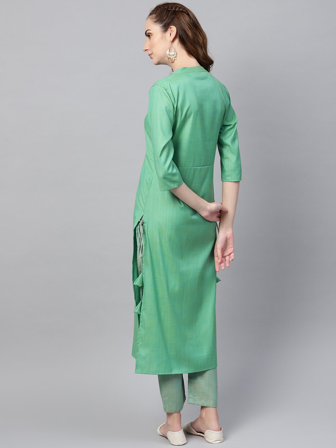 Women's Turquoise Green Straight 3/4Th Sleeve Cotton Kurta Set With Pants