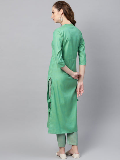 Women's Turquoise Green Straight 3/4Th Sleeve Cotton Kurta Set With Pants