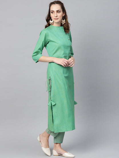 Women's Turquoise Green Straight 3/4Th Sleeve Cotton Kurta Set With Pants