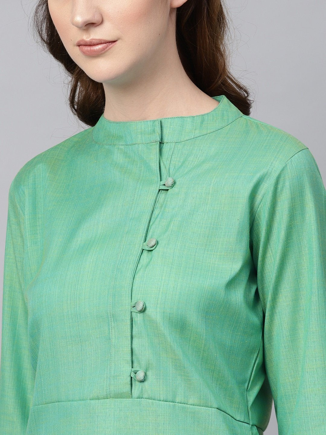 Women's Turquoise Green Straight 3/4Th Sleeve Cotton Kurta Set With Pants