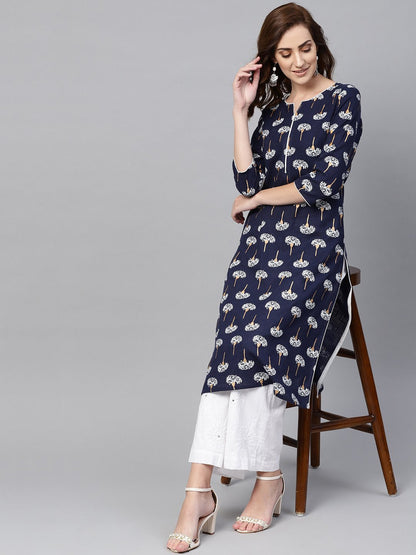 Women's Navy Blue 3/4Th Sleeve Cotton Straight Kurta