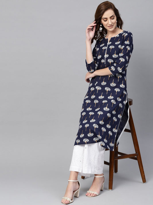 Women's Navy Blue 3/4Th Sleeve Cotton Straight Kurta