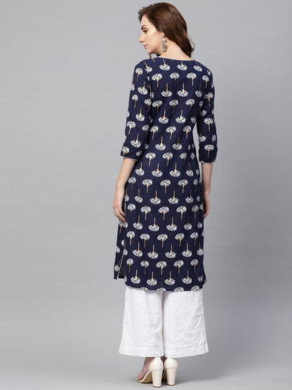 Women's Navy Blue 3/4Th Sleeve Cotton Straight Kurta