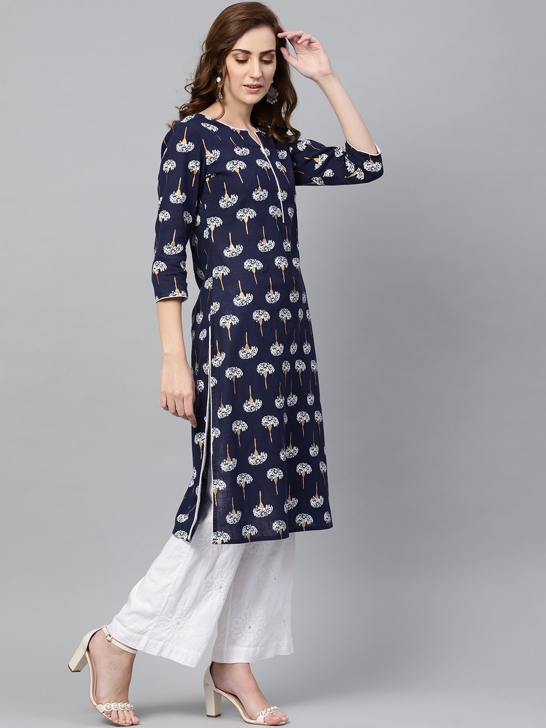 Women's Navy Blue 3/4Th Sleeve Cotton Straight Kurta