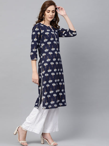 Women's Navy Blue 3/4Th Sleeve Cotton Straight Kurta