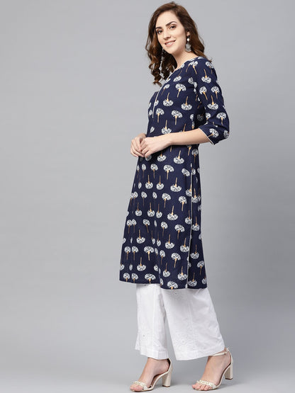 Women's Navy Blue 3/4Th Sleeve Cotton Straight Kurta