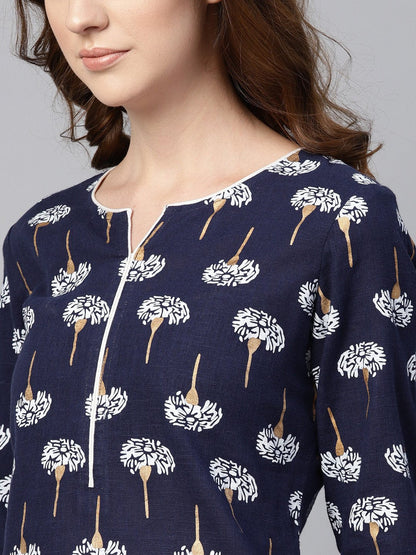 Women's Navy Blue 3/4Th Sleeve Cotton Straight Kurta