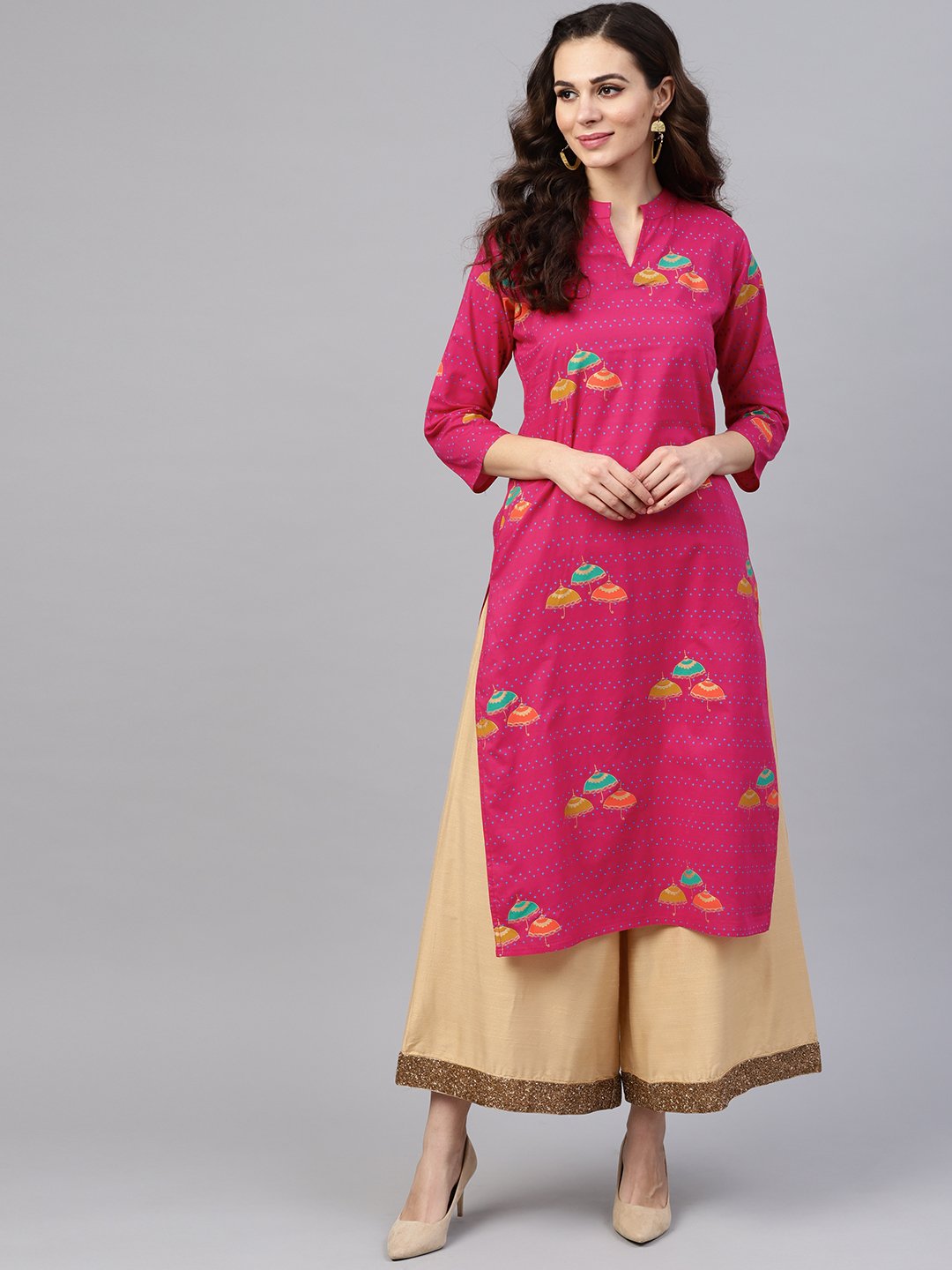 Women's Pink 3/4Th Sleeve Umbrella Printed Cotton Kurta