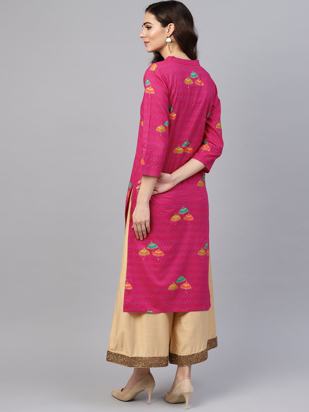 Women's Pink 3/4Th Sleeve Umbrella Printed Cotton Kurta