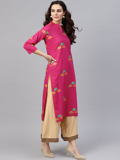 Women's Pink 3/4Th Sleeve Umbrella Printed Cotton Kurta
