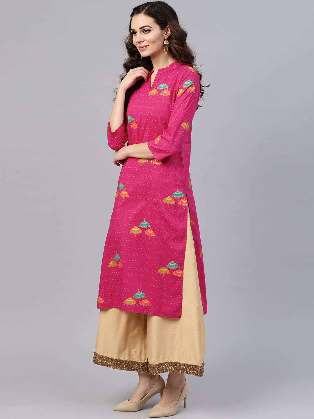 Women's Pink 3/4Th Sleeve Umbrella Printed Cotton Kurta