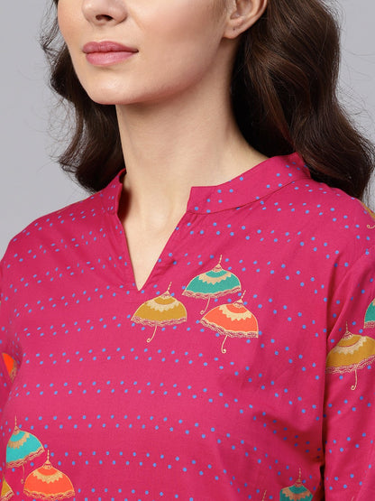 Women's Pink 3/4Th Sleeve Umbrella Printed Cotton Kurta