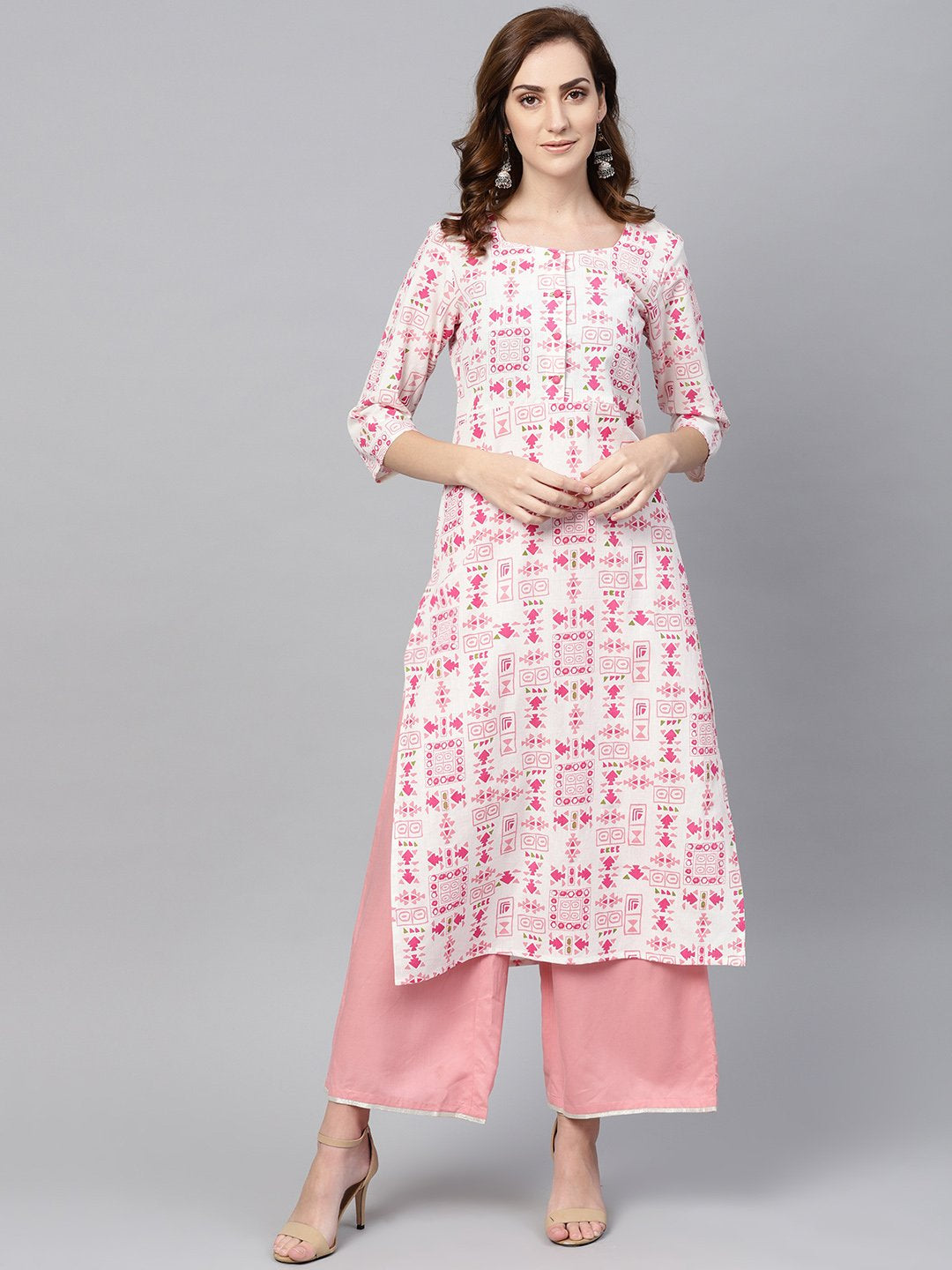 Women's Off White Printed 3/4Th Sleeve Cotton Kurta