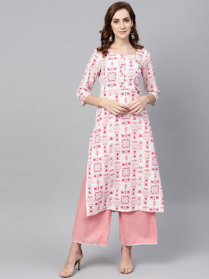 Women's Off White Printed 3/4Th Sleeve Cotton Kurta