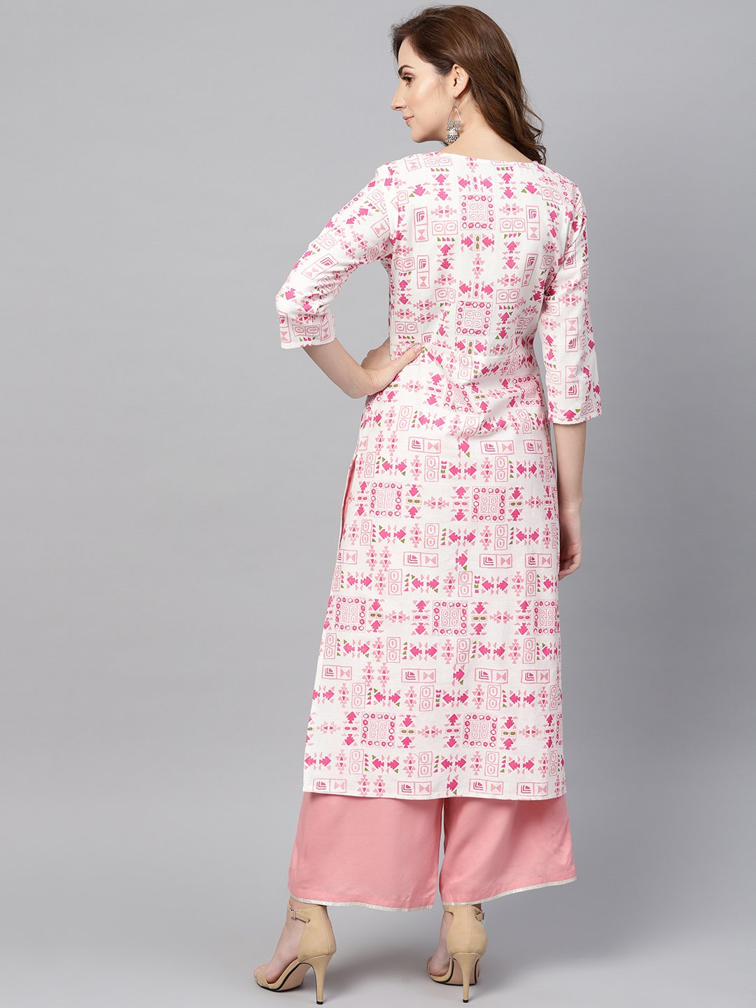 Women's Off White Printed 3/4Th Sleeve Cotton Kurta