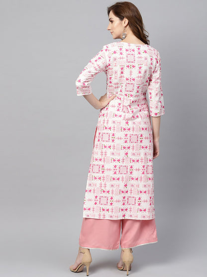 Women's Off White Printed 3/4Th Sleeve Cotton Kurta