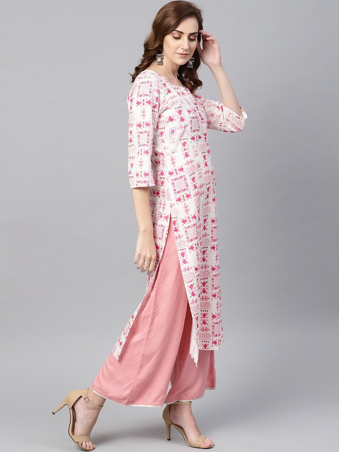 Women's Off White Printed 3/4Th Sleeve Cotton Kurta