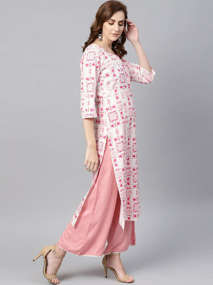 Women's Off White Printed 3/4Th Sleeve Cotton Kurta