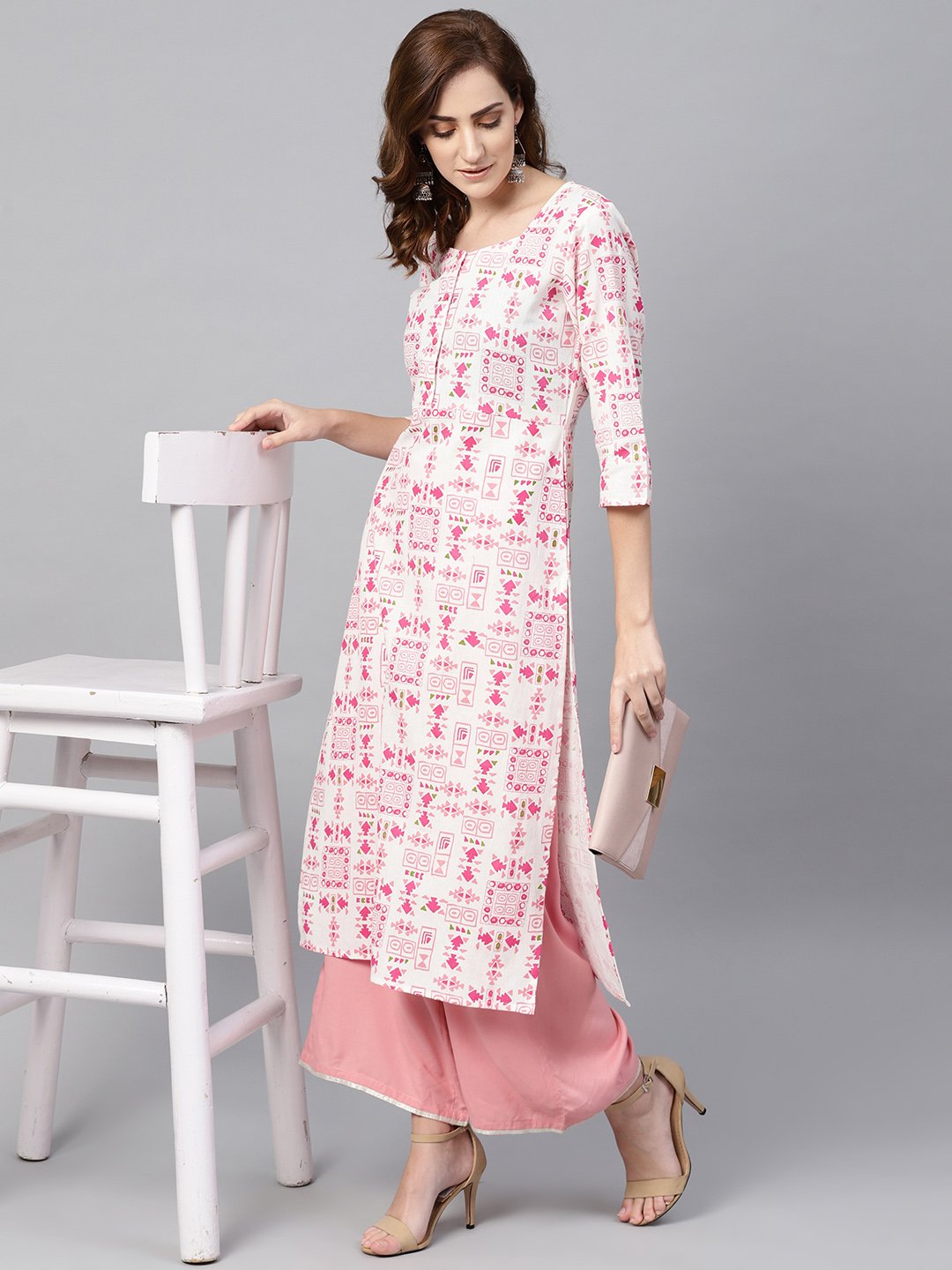 Women's Off White Printed 3/4Th Sleeve Cotton Kurta