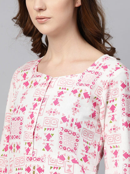 Women's Off White Printed 3/4Th Sleeve Cotton Kurta