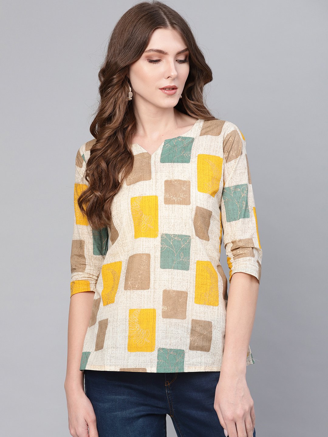 Women's Off-White & Mustard Yellow Printed Top