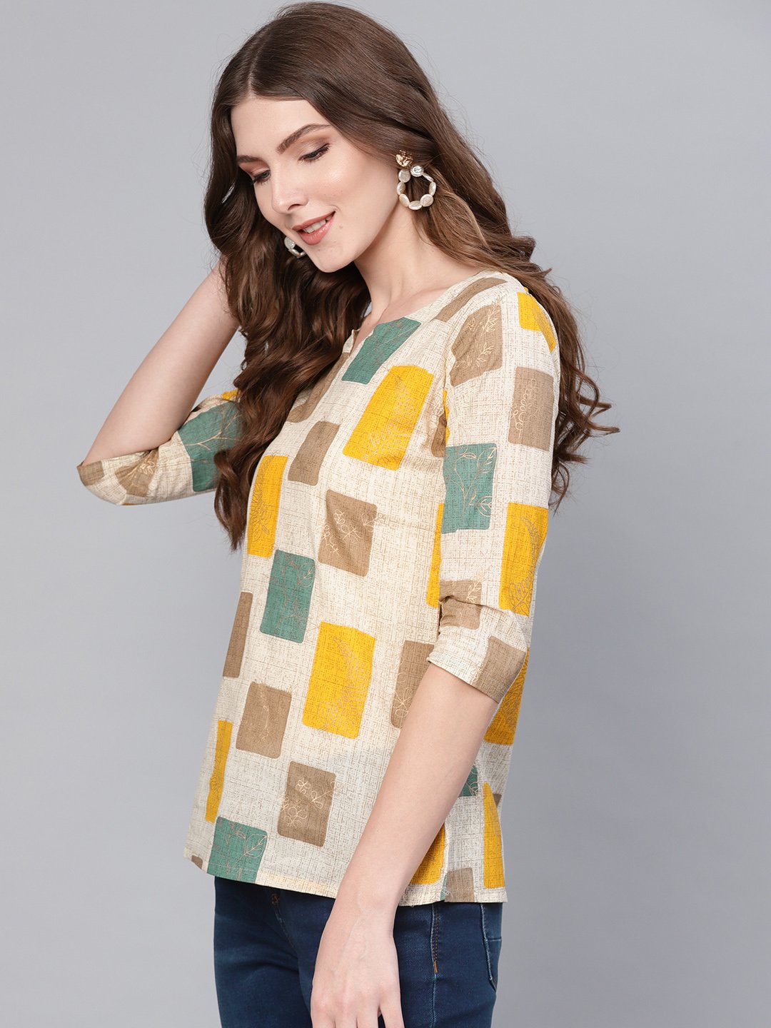 Women's Off-White & Mustard Yellow Printed Top