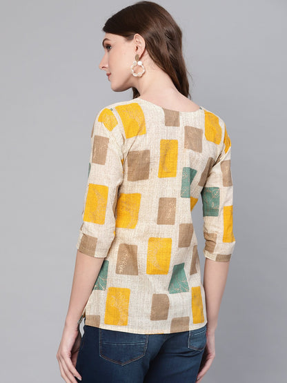 Women's Off-White & Mustard Yellow Printed Top