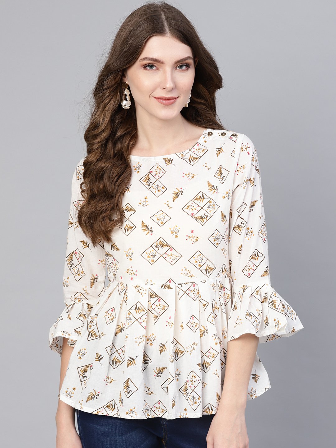Women's White & Brown Printed A-Line Top