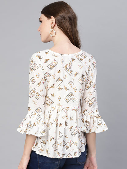 Women's White & Brown Printed A-Line Top