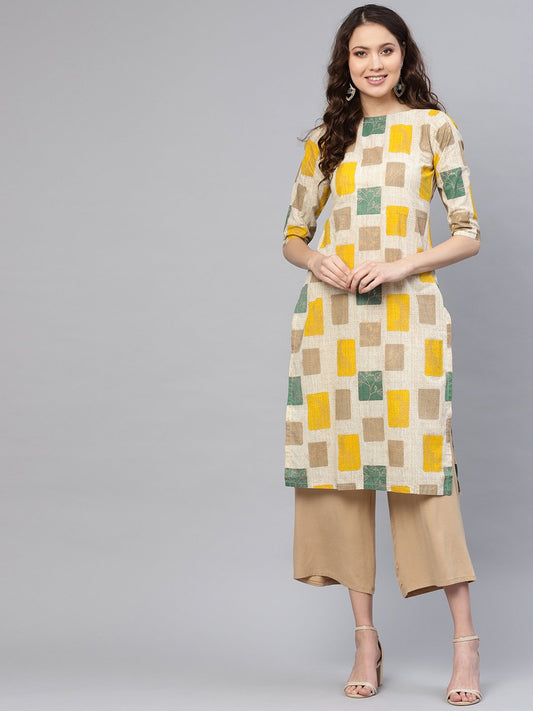 Women's Off-White & Mustard Yellow Printed Straight Kurta