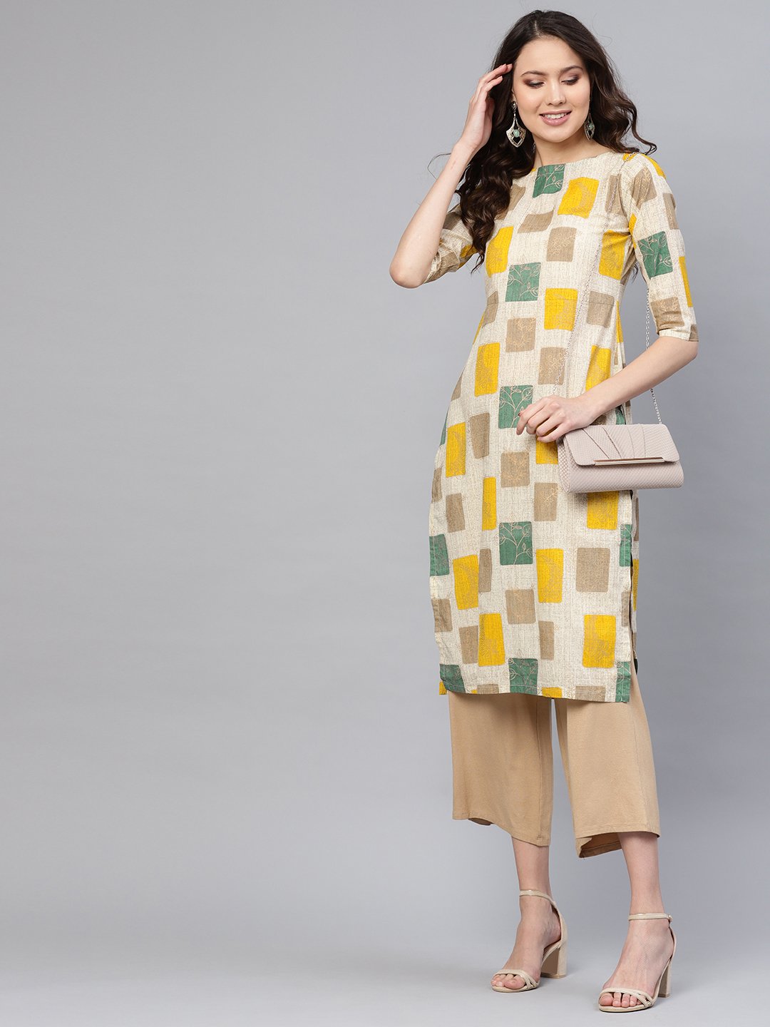 Women's Off-White & Mustard Yellow Printed Straight Kurta