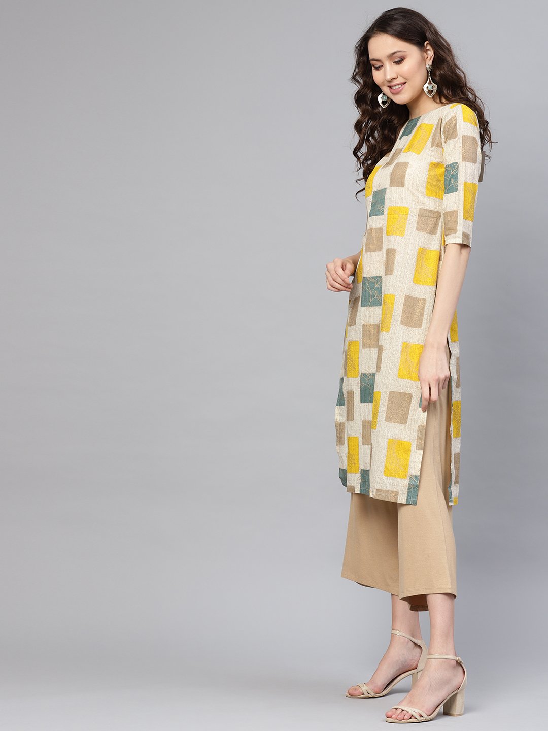 Women's Off-White & Mustard Yellow Printed Straight Kurta