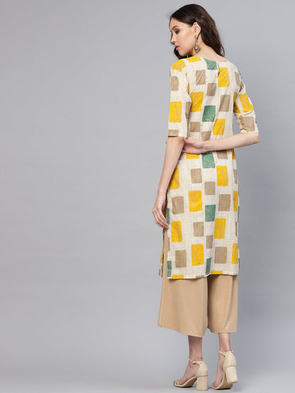 Women's Off-White & Mustard Yellow Printed Straight Kurta