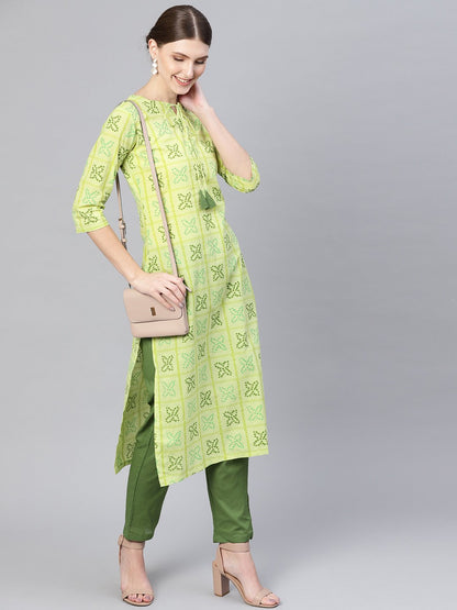 Women's Green Bandhani Printed Kurta With Trousers