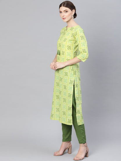 Women's Green Bandhani Printed Kurta With Trousers