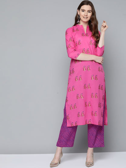 Women's Floral Pink With Gold Printed Chinese Collared With 3/4Th Sleeves Straight Kurta With Pink Leheriya Printed Pants