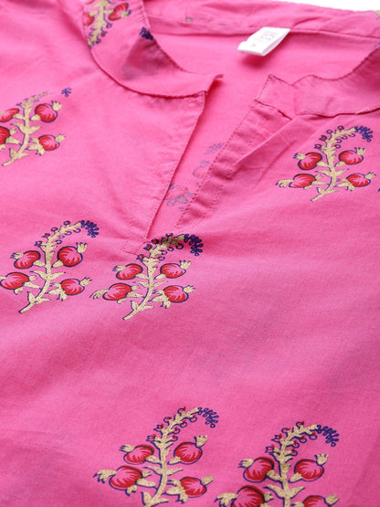 Women's Floral Pink With Gold Printed Chinese Collared With 3/4Th Sleeves Straight Kurta With Pink Leheriya Printed Pants