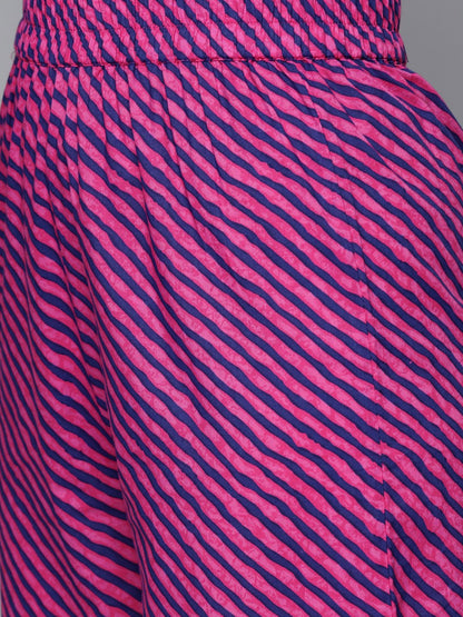 Women's Floral Pink With Gold Printed Chinese Collared With 3/4Th Sleeves Straight Kurta With Pink Leheriya Printed Pants