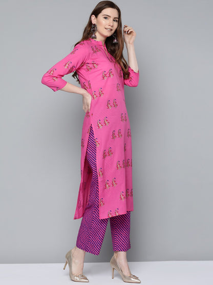 Women's Floral Pink With Gold Printed Chinese Collared With 3/4Th Sleeves Straight Kurta With Pink Leheriya Printed Pants