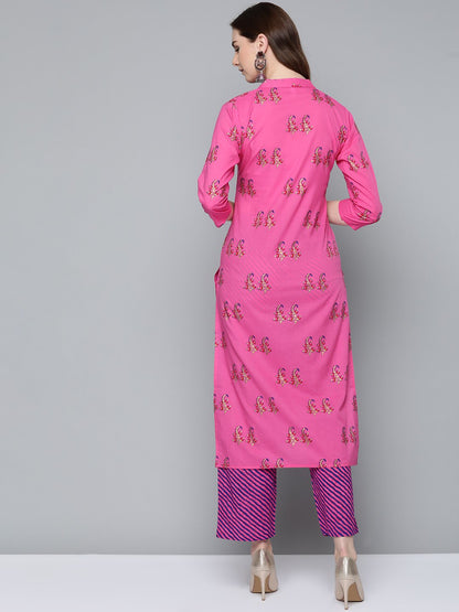Women's Floral Pink With Gold Printed Chinese Collared With 3/4Th Sleeves Straight Kurta With Pink Leheriya Printed Pants