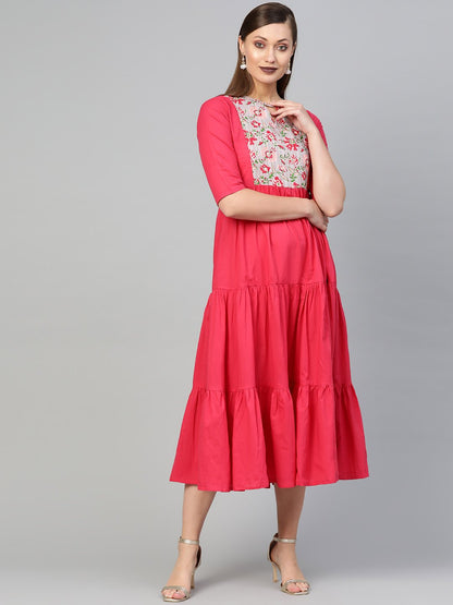 Women's Pink & Grey Solid Fit And Flare Dress