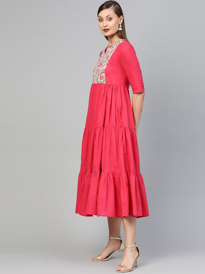 Women's Pink & Grey Solid Fit And Flare Dress