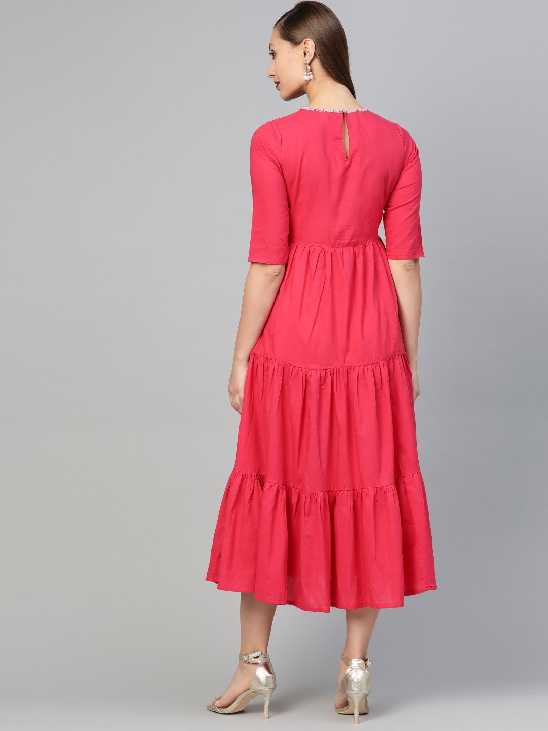 Women's Pink & Grey Solid Fit And Flare Dress