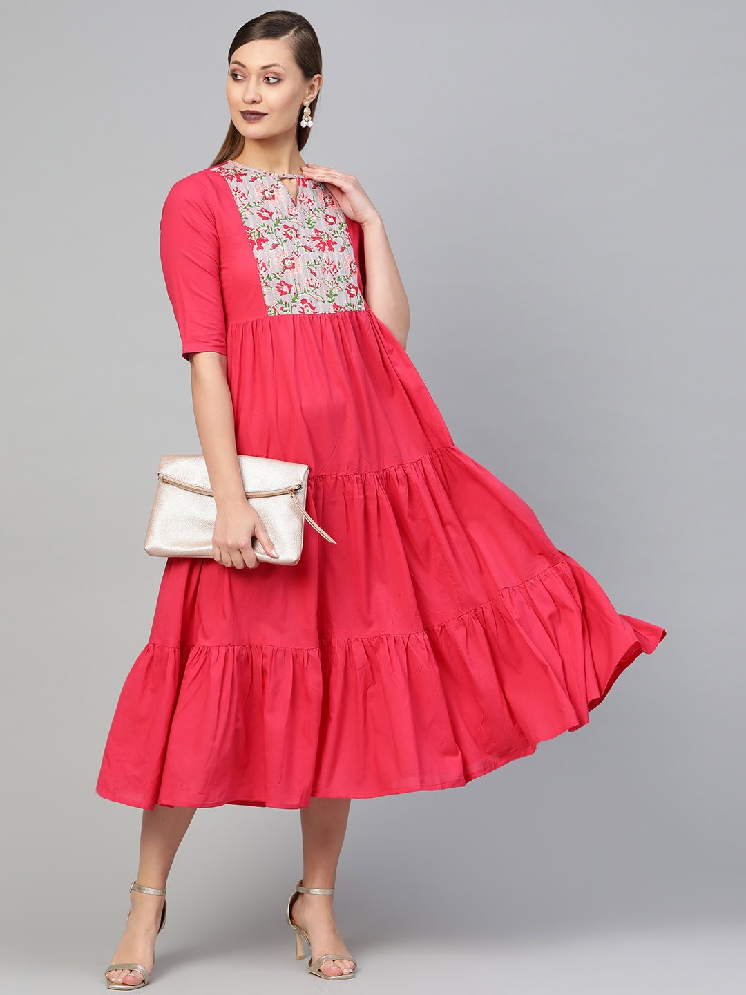Women's Pink & Grey Solid Fit And Flare Dress