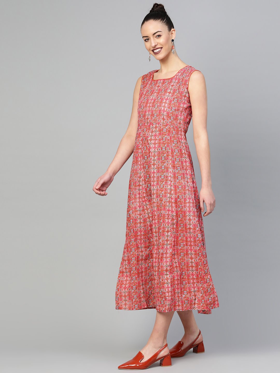 Women's Red & Pink Geometric Printed Maxi Dress