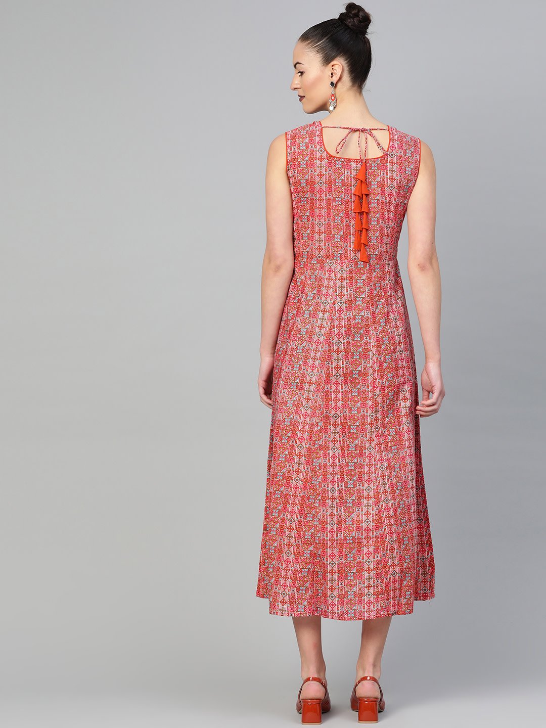 Women's Red & Pink Geometric Printed Maxi Dress
